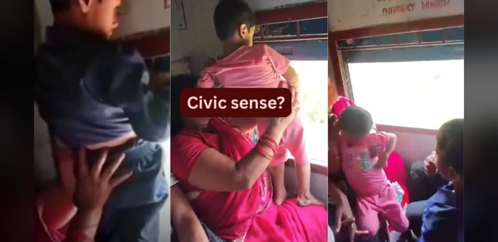 Viral video shows mother holding child from moving train window, igniting debate on safety and hygiene
